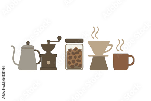 Coffee preparation with grinder, beans, and brewing tools displayed in minimalist style