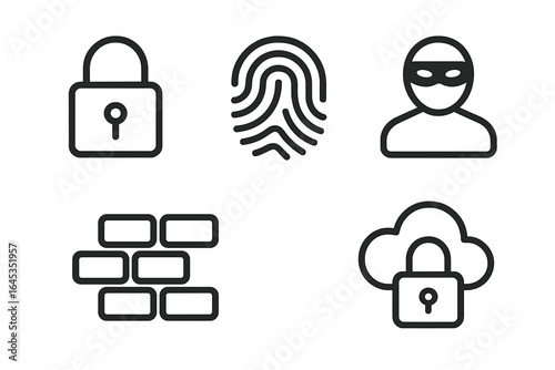 Symbols of cybersecurity and privacy featuring a padlock, fingerprint, masked figure, bricks, and cloud lock representing digital safety