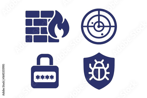 Icons representing cybersecurity concepts like firewall, malware detection, and password security measures in digital safety