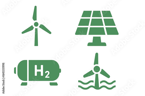 Renewable energy symbols showing wind power, solar energy, hydrogen storage, and hydroelectric power in a green design