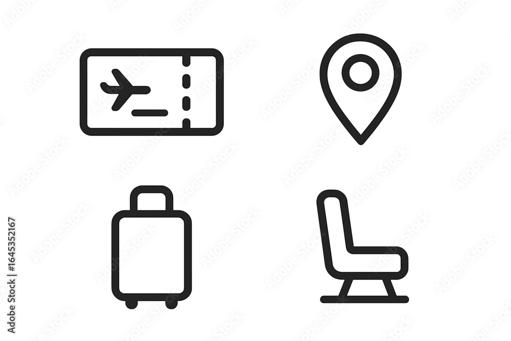 Travel essentials for an upcoming trip with symbols representing flight, location, luggage, and seating Travel essentials for an upcoming trip with symbols representing flight, location, luggage, and seating