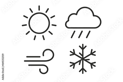 Weather symbols representing sun, rain, wind, and snow in a clear, simple design for educational purposes