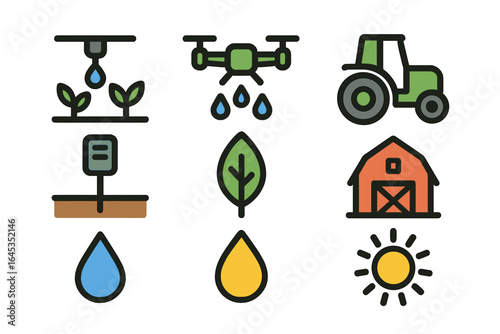 Agricultural technology icons representing modern farming practices and sustainability efforts