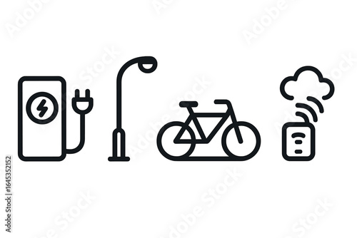 Electric vehicle charging station, streetlight, bicycle, and air quality monitor in an urban setting promoting sustainable transportation