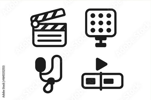 Film production tools including clapboard, lights, microphone, and playback icon at a studio