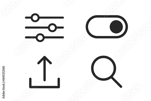 User interface symbols representing settings, toggles, uploads, and search functions for digital applications