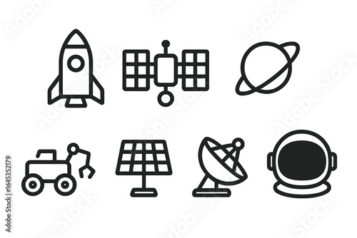 Exploration of space technologies featuring a rocket, satellite, planets, and astronaut activities