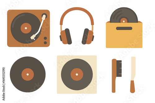 Vinyl records, turntable, headphones, and accessories displayed in a creative arrangement for music enthusiasts