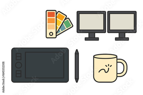 Creative workspace featuring digital art tools, color palette, and multiple monitors during the daytime
