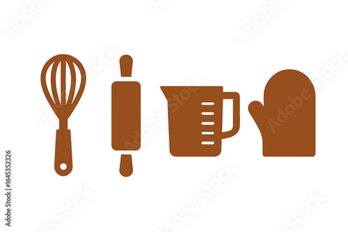 Kitchen tools include whisk, rolling pin, measuring cup, and oven mitt displayed in a simple design suitable for cooking enthusiasts