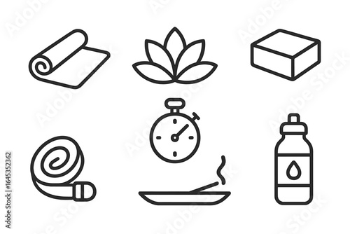Variety of health and wellness symbols representing yoga, meditation, and relaxation activities