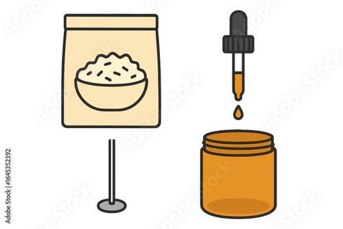 Simple ingredients for nourishing recipes with rice bag and dropper bottle on bright background