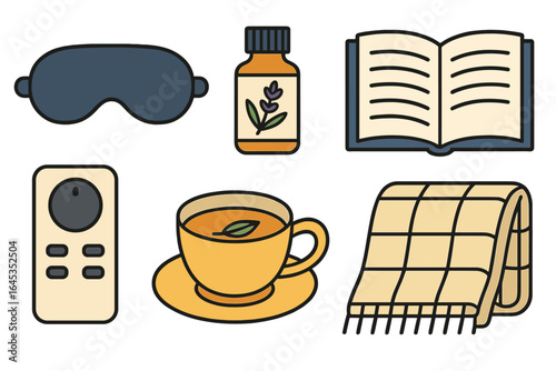 Relaxing evening essentials for a cozy night at home with tea, reading, and comforting items