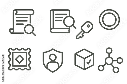 Icons representing various concepts such as identity verification, books, and security in a minimalist style