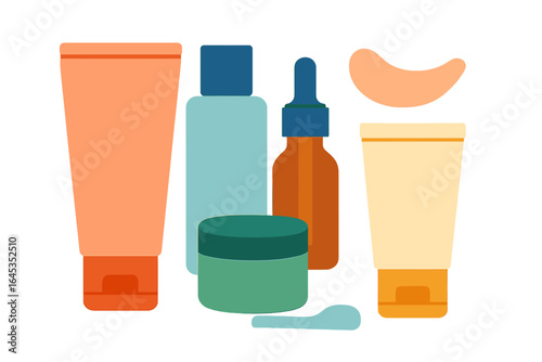 Collection of skincare products arranged on a white background showcasing various colors and textures for a beauty routine