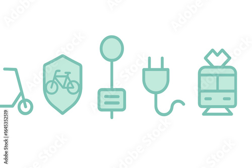 Icons representing various modes of urban transportation and their associated utilities in a modern city environment