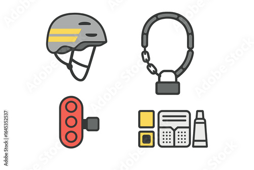 Safety equipment for outdoor activities including a helmet, lock, traffic signal, and repair tools displayed on a white background