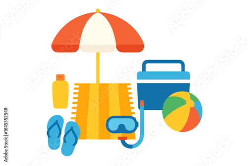 Fun tropical beach essentials for a perfect day in the sun including an umbrella, cooler, and beach toys