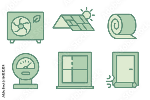 Icons represent sustainable home energy solutions including solar panels, insulation, and ventilation systems for efficient living