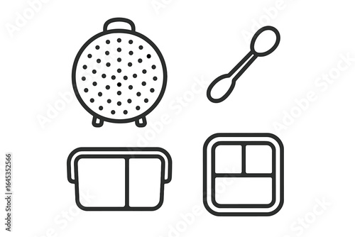 Kitchen utensils including a strainer, scoop, container, and divided tray used for food preparation and serving