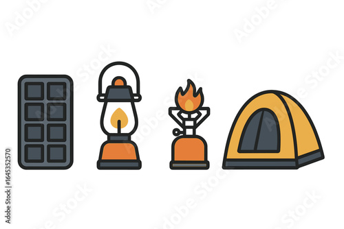 Camping essentials include snacks, lighting, cooking gear, and a tent for an enjoyable outdoor experience