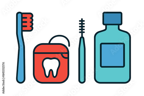Essential dental care tools including toothbrush, floss, interdental brush, and mouthwash for daily oral hygiene routine