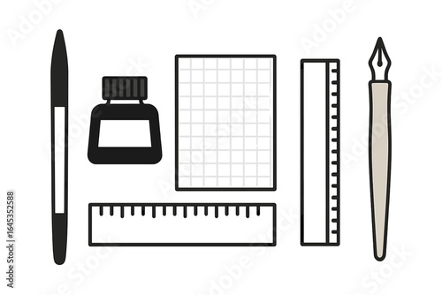 Collection of stationery items arranged neatly on a flat surface for creative or academic purposes
