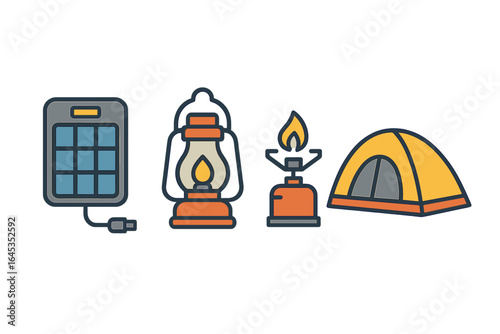 Camping gear includes solar panel, lantern, stove, and tent for outdoor adventure preparation