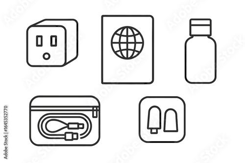 Essentials for travel preparation including adapter, passport, water bottle, and more