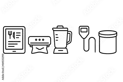 Kitchen appliances and tools lined up with modern cooking technology for efficient meal preparation and food processing