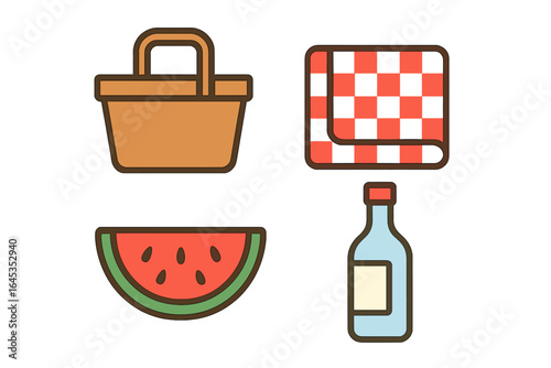 Summer picnic essentials including basket, blanket, watermelon, and beverage by the park