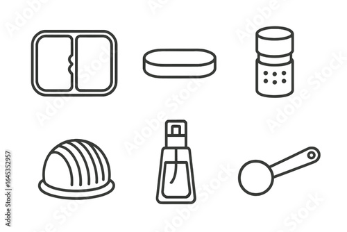 Six kitchen utensils and containers arranged on a flat surface, showcasing everyday cooking tools