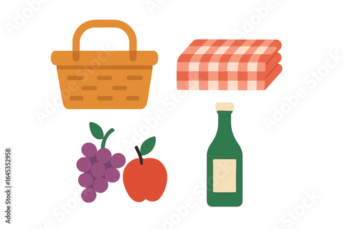 Enjoying a picnic with a basket, fruits, and a blanket in a sunny outdoor setting during a pleasant afternoon
