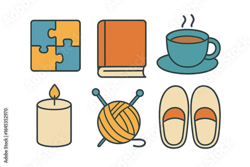 Cozy indoor leisure activities featuring a puzzle, book, tea, candle, yarn, and slippers