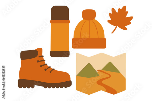 Gear for outdoor hiking adventures in autumn with cozy accessories and navigation tools