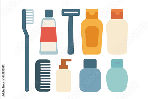 Variety of personal care items arranged on a clean surface for daily grooming and hygiene needs
