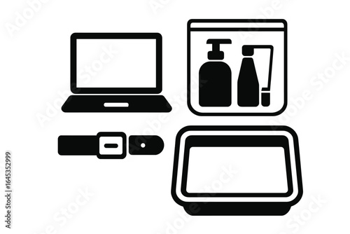 Packing essentials for travel with toiletries, electronics, and personal items arranged neatly