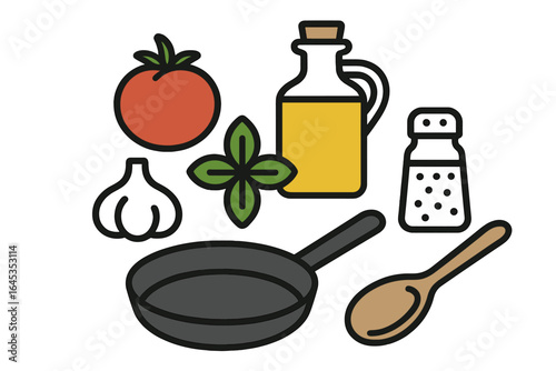 Cooking essentials for a flavorful meal with fresh ingredients and cooking tools on a kitchen counter