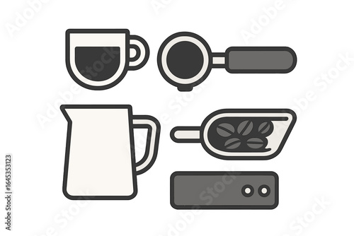 Coffee brewing tools arranged in a creative layout showing essential equipment for making coffee at home