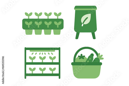 Gardening equipment and seedlings in various stages of growth in a vibrant green setting