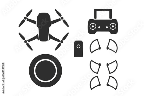 Drone equipment displayed with controller, battery, and propeller guards in a simple layout