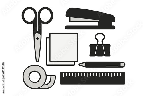 Office supplies arranged on a flat surface illustrating essential tools for organization and productivity