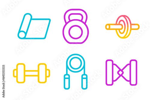 Colorful fitness icons representing various gym equipment including weights, mats, and kettlebells for a modern workout environment