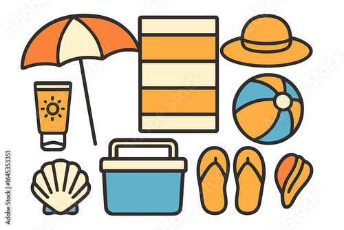 Beach accessories including sunblock, umbrella, and sandals arranged for a sunny day on the shore