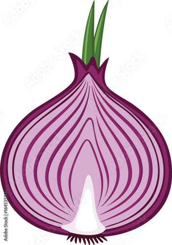 A vibrant illustration of a red onion cut in half, showing internal layers and green sprouts.