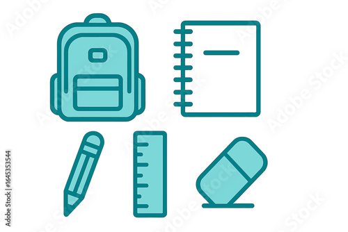 School supplies including a backpack, notebook, pencil, ruler, and eraser arranged on a blue background