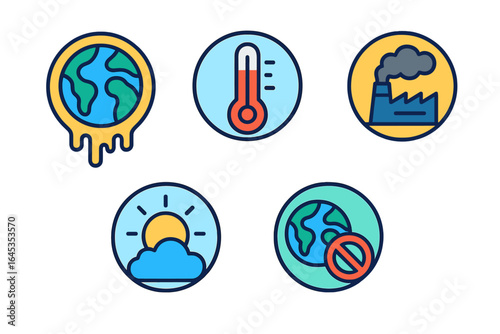 Climate change symbols representing global warming, emissions, temperature rise, and environmental issues in a modern style