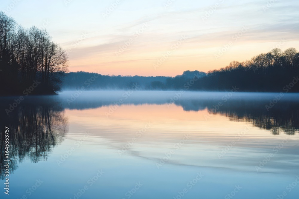 Fototapeta premium Serene Lakeside Sunrise: A Tranquil Morning Scene with Mist and Reflections on Calm Waters