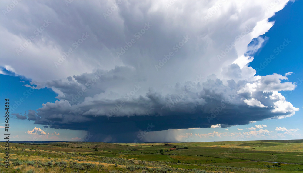 Towering Supercell Looming Over Sunlit Green Plains Towering Supercell Looming Over Sunlit Green Plains