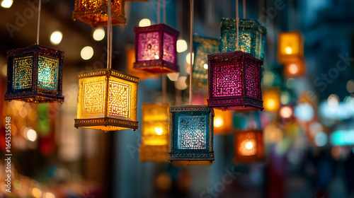 Minimalistic shot of a Diwali street market at dusk with colorful lanterns